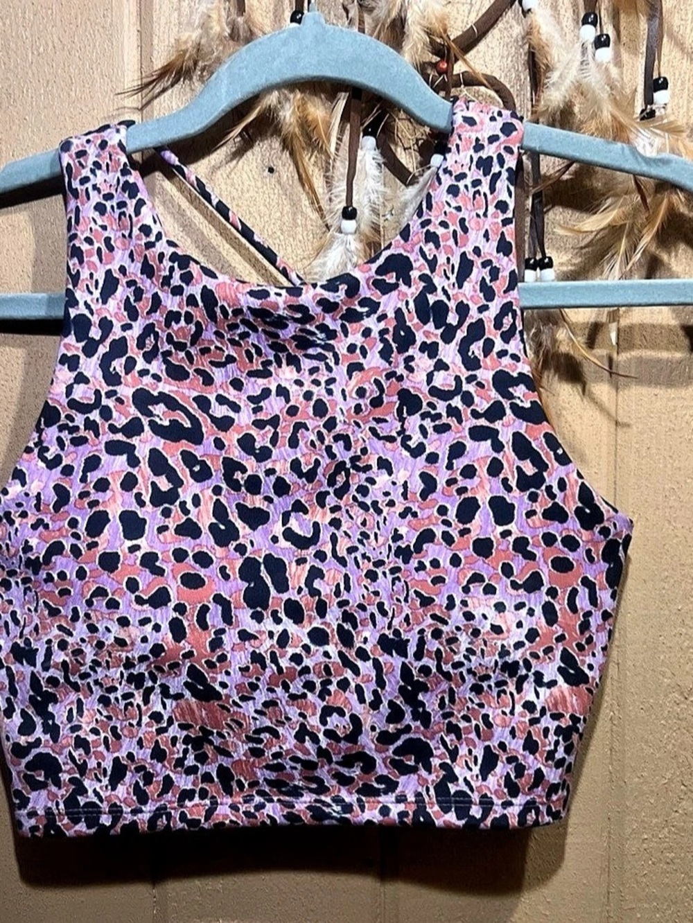 Joy Lab High Neck Longline Sports Bra Pads Size XS Purple & Orange Leopard Print